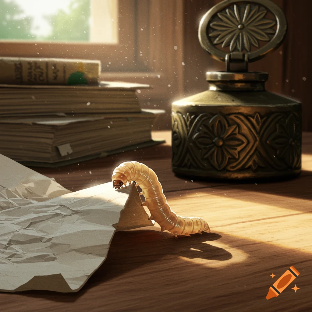 A large, light worm rests on crumpled paper on a sunlit wooden desk, with an antique inkwell and books in the background.