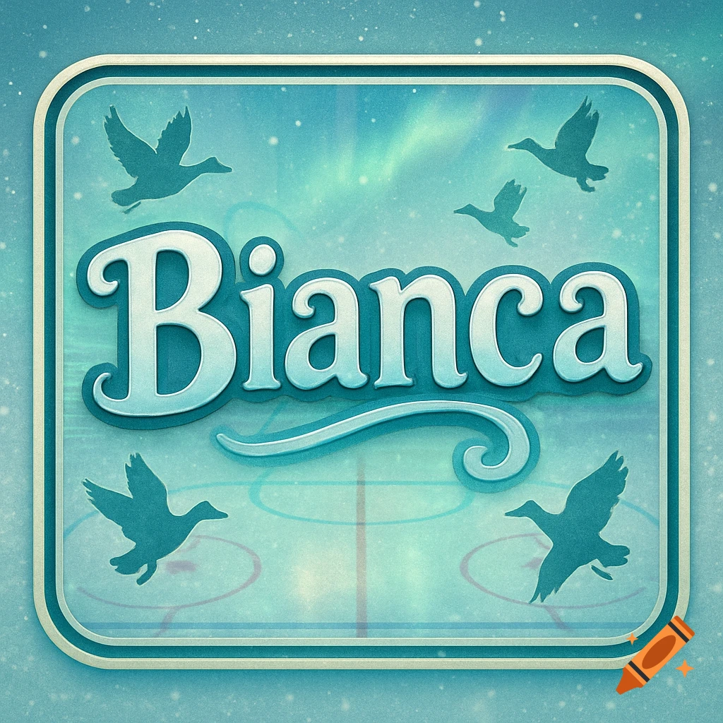 A blue and white name tag featuring the name 'Bianca' in a stylized font, surrounded by silhouetted ducks on an icy background.