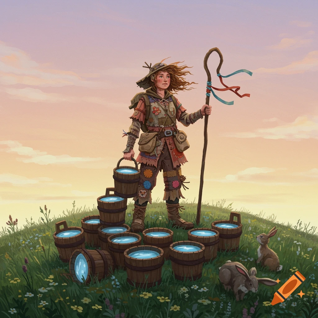 A whimsical fantasy character in patched clothes stands among many water buckets on a grassy hill with rabbits under a pastel sky.