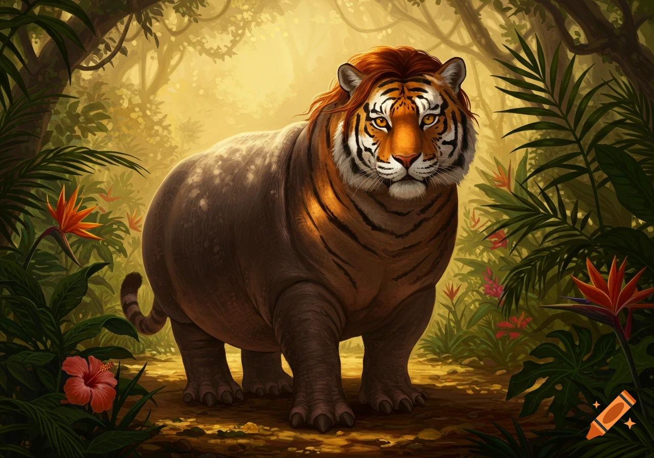A large, robust creature with the head of a tiger and a hippo-like body, adorned with reddish mane-like hair, stands in a lush, sunlit jungle.