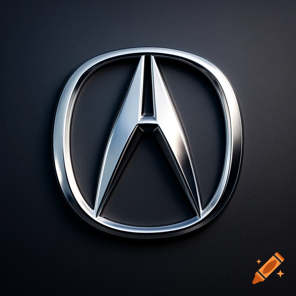 A shiny silver Acura car logo set against a dark, textured background.
