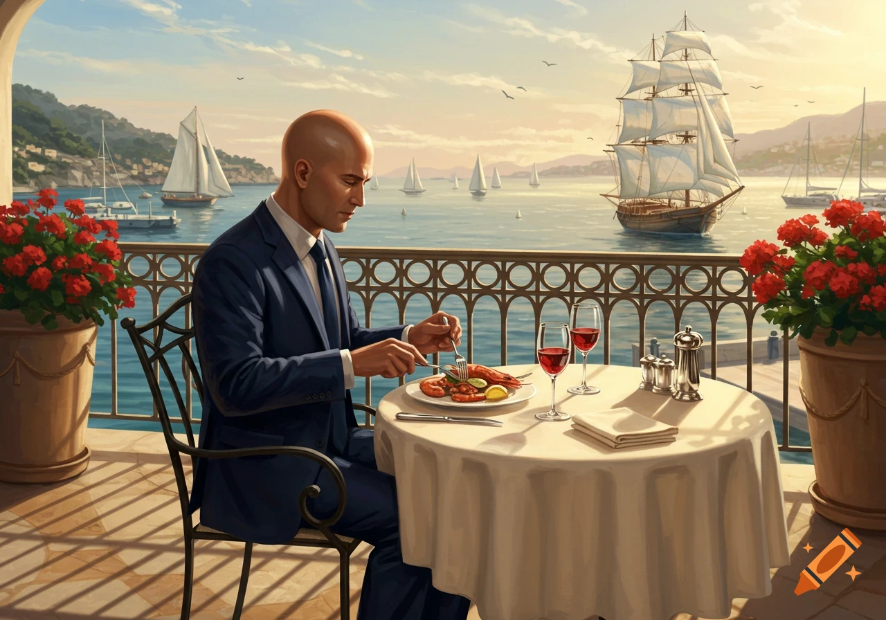 An illustrated bald businessman eats a seafood meal on a balcony overlooking a scenic bay with sailboats and distant mountains.