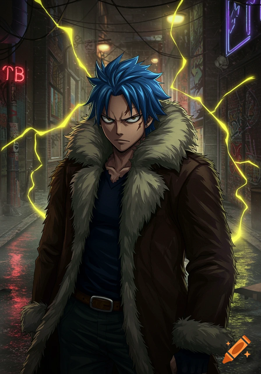 An anime character with blue spiky hair and a brown fur-lined coat stands in a dark, grunge alley with neon signs and yellow lightning bolts.