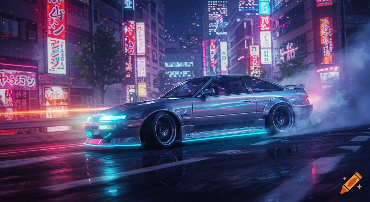 A sleek, silver car with neon underglow drifts on a wet street in a vibrant, neon-lit cyberpunk city at night.