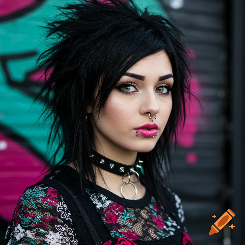 Photorealistic close-up portrait of a woman with black spiky hair, green eyes, and facial piercings, wearing a studded choker.