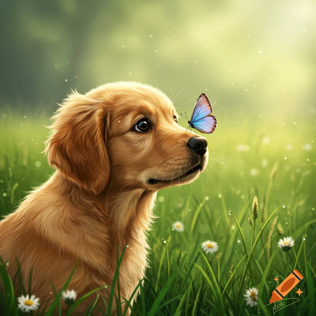 A golden retriever puppy with a blue butterfly on its nose, sitting in a sunny green field with white flowers, digital painting.