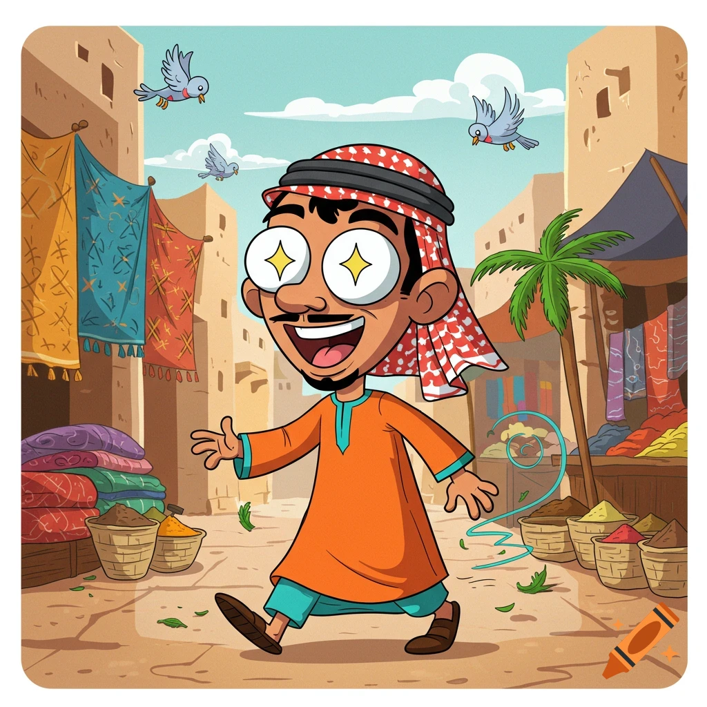 A silly cartoon of a young Arab man with star-filled eyes, smiling and walking through a colorful market street.