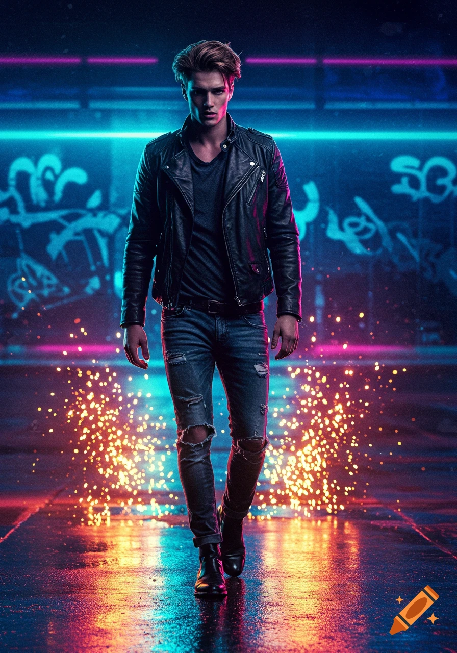 A man in a black leather jacket and ripped jeans walks on a wet, reflective street, illuminated by neon blue and pink lights, with sparks rising.