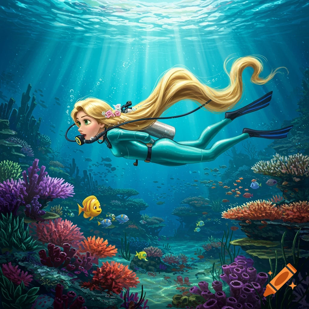 Rapunzel, with her long blonde hair, scuba diving in a teal wetsuit amidst a vibrant coral reef filled with colorful fish.