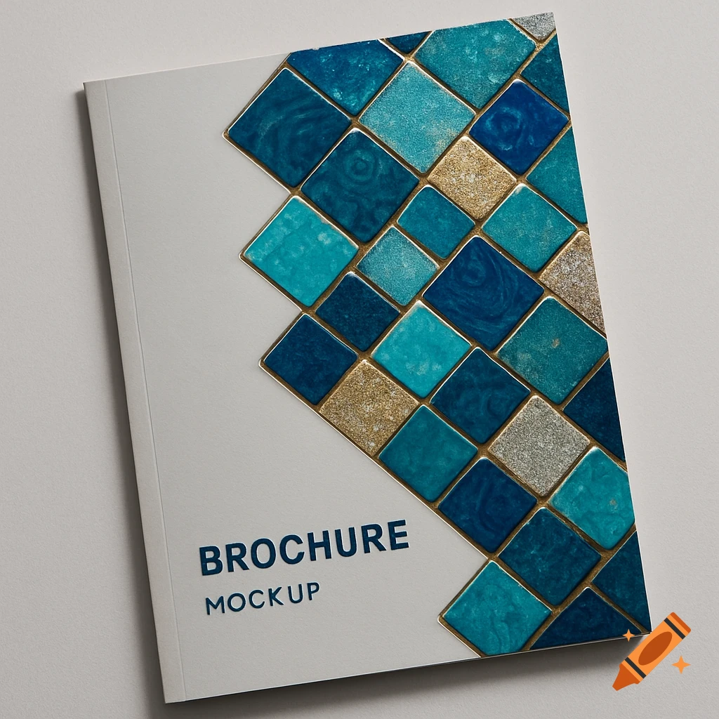 A white brochure with a diagonal pattern of blue, teal, and gold square tiles and 'BROCHURE MOCKUP' text.