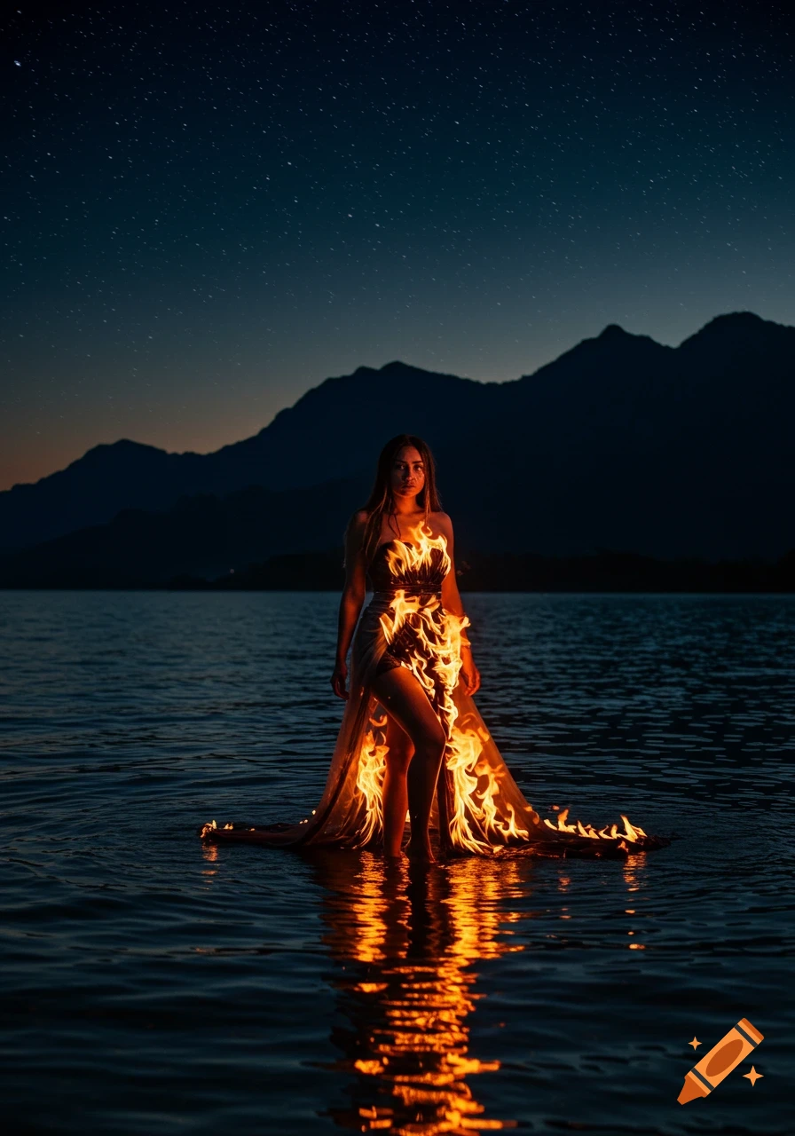 A photorealistic image of a woman in a gown of living flames standing in water under a starry night sky with mountains in the background.