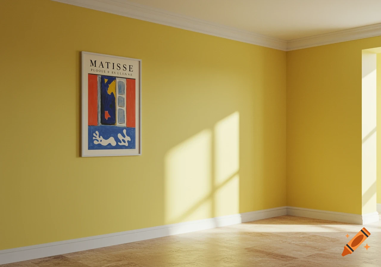 An empty room with buttercup yellow walls, white baseboards, and a wooden floor. A Matisse-style poster hangs on the left wall, illuminated by sunlight from a window.