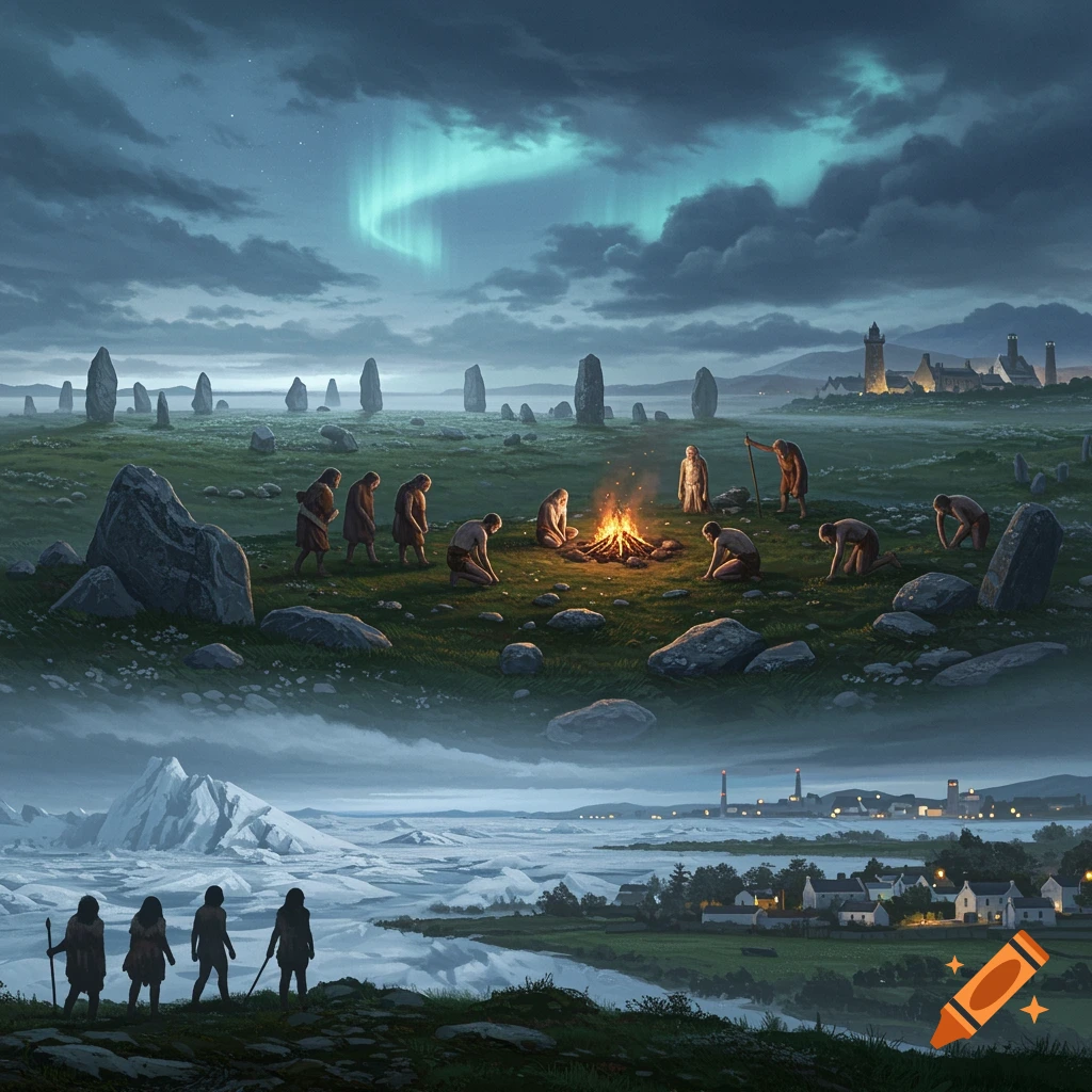Ancient people by a campfire among stone monoliths under an aurora, transitioning to a modern village landscape.