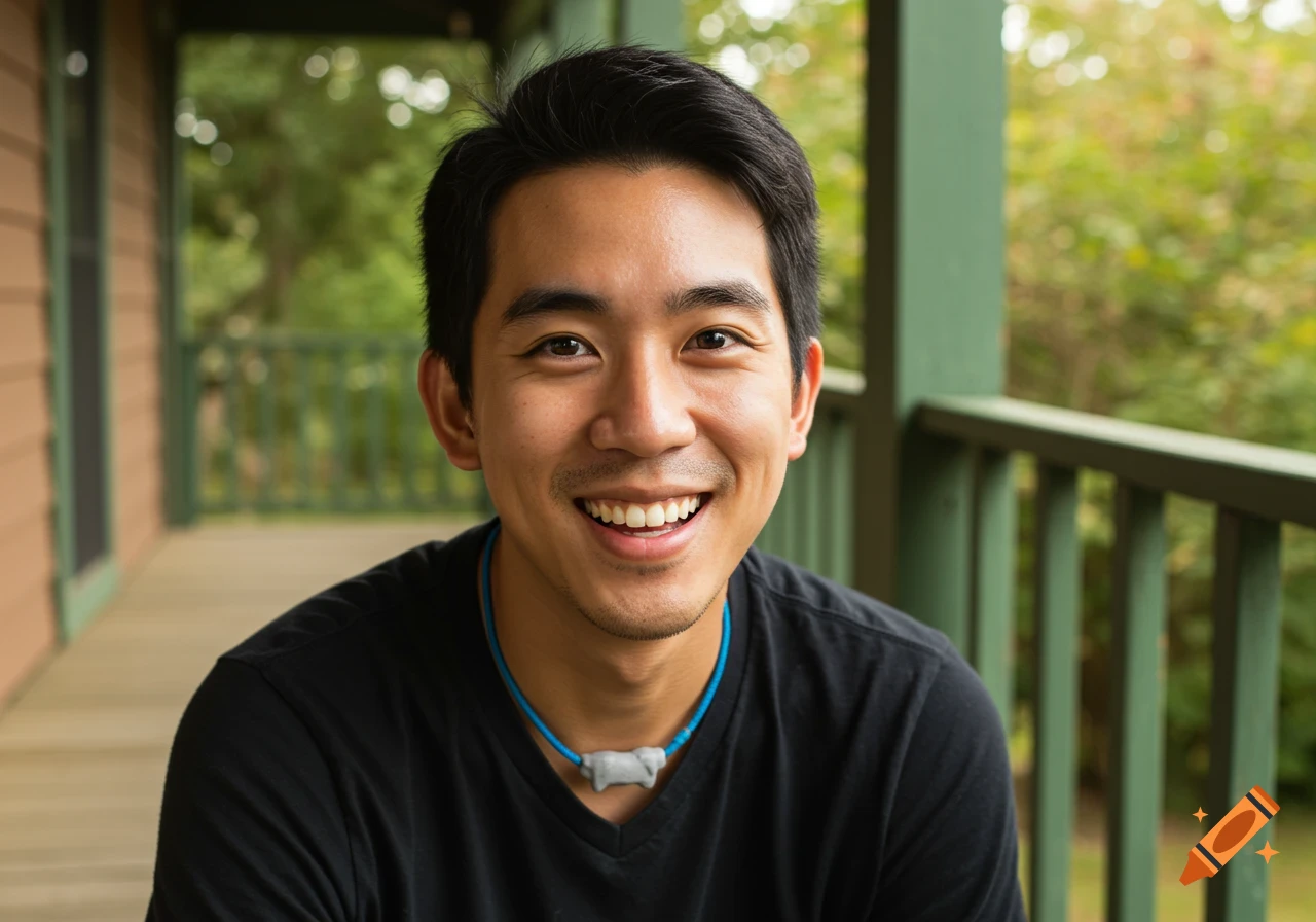 A smiling man with black hair and a blue necklace sits on a wooden porch with green railings in warm sunlight.