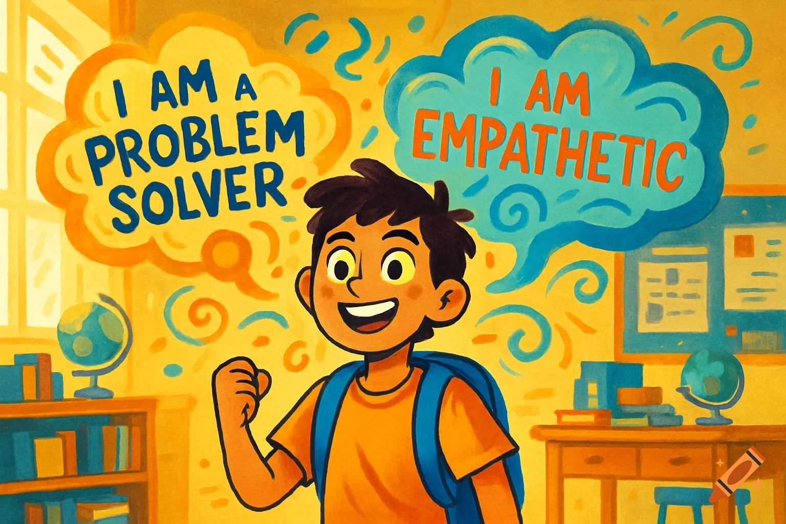 Animated boy in a classroom with thought bubbles saying 'I am a problem solver' and 'I am empathetic'.