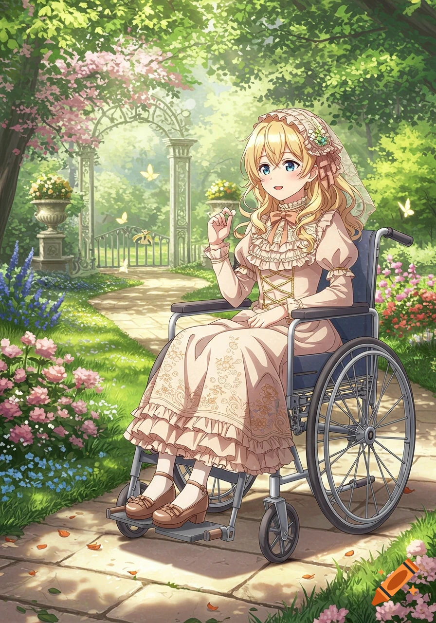 An anime girl with blonde hair in a wheelchair smiles on a garden path surrounded by blooming flowers and trees.