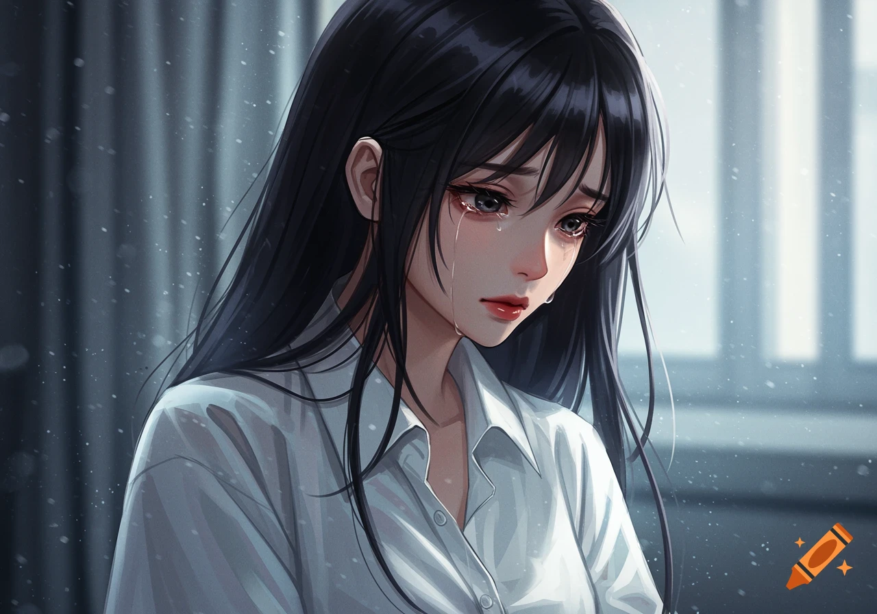 A sad anime girl with long black hair, wearing a white shirt, crying, with tears on her face, in a stylized illustration.