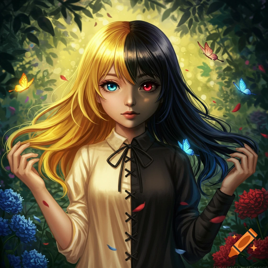 Digital painting of an anime girl with half blonde, half black hair, blue and red eyes, in a lush fantasy forest with butterflies.