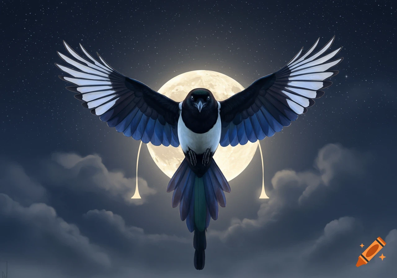 A stylized black and white magpie with blue accents flies directly at the viewer against a backdrop of a large full moon and a starry night sky with clouds.