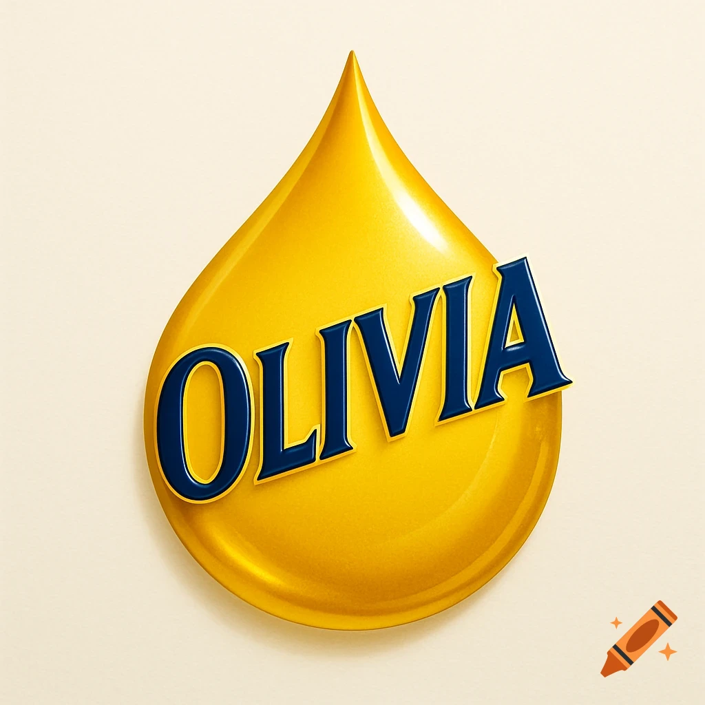 A yellow oil drop logo with the name 'OLIVIA' in blue, embossed, slanted capital letters inside.