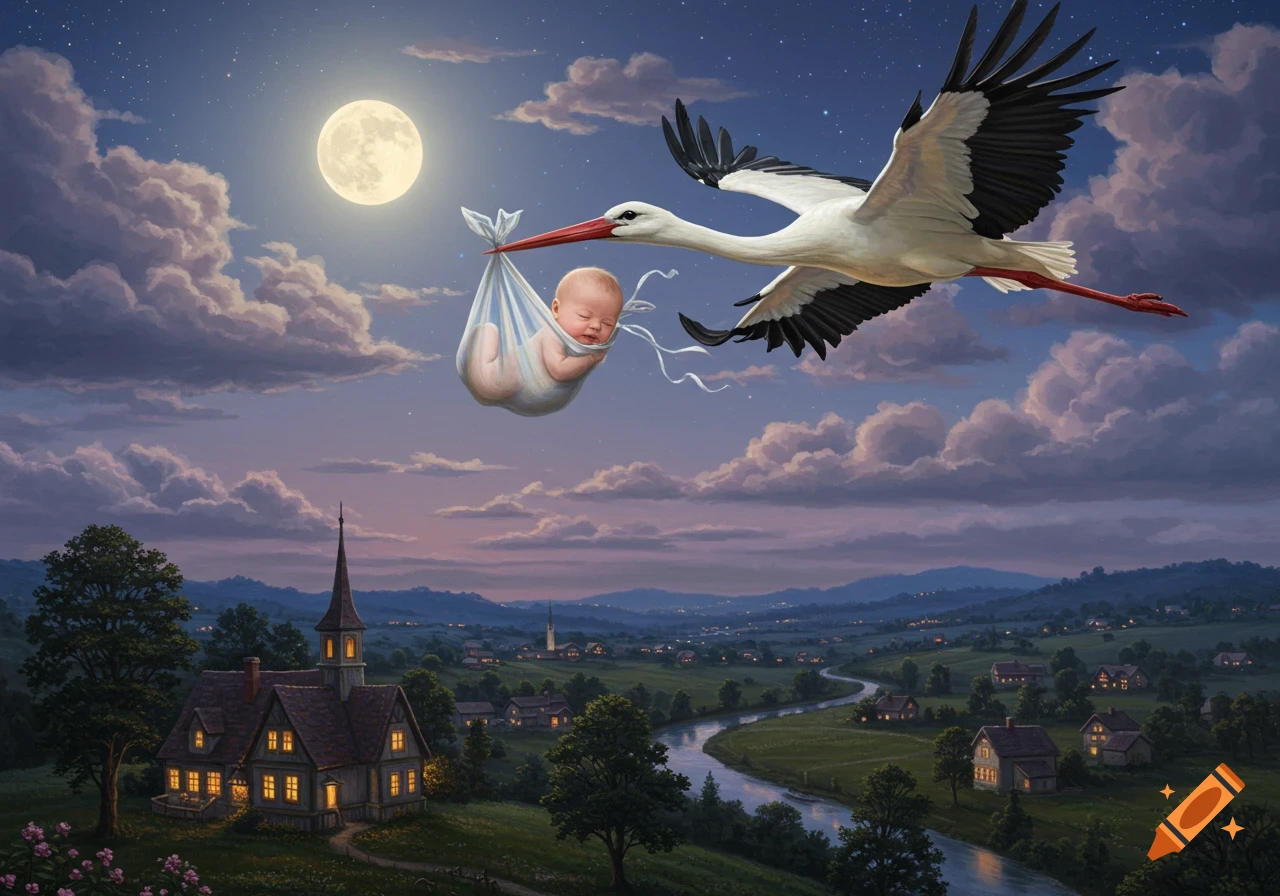 A stork flies under a full moon, carrying a baby in a sling over a peaceful, moonlit rural landscape with a church and river at dusk.