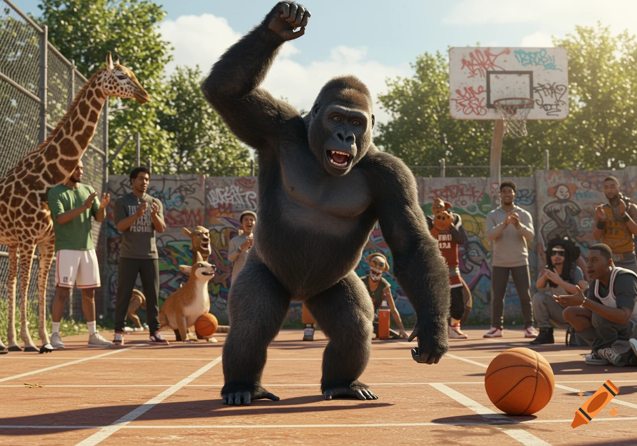 A photorealistic gorilla cheers on an urban basketball court, surrounded by cheering people, a giraffe, a dog, and a deer.