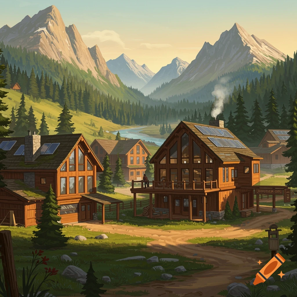 A picturesque mountain valley with wooden cabins, lush green trees, a winding river, and a dirt road under a clear sky.