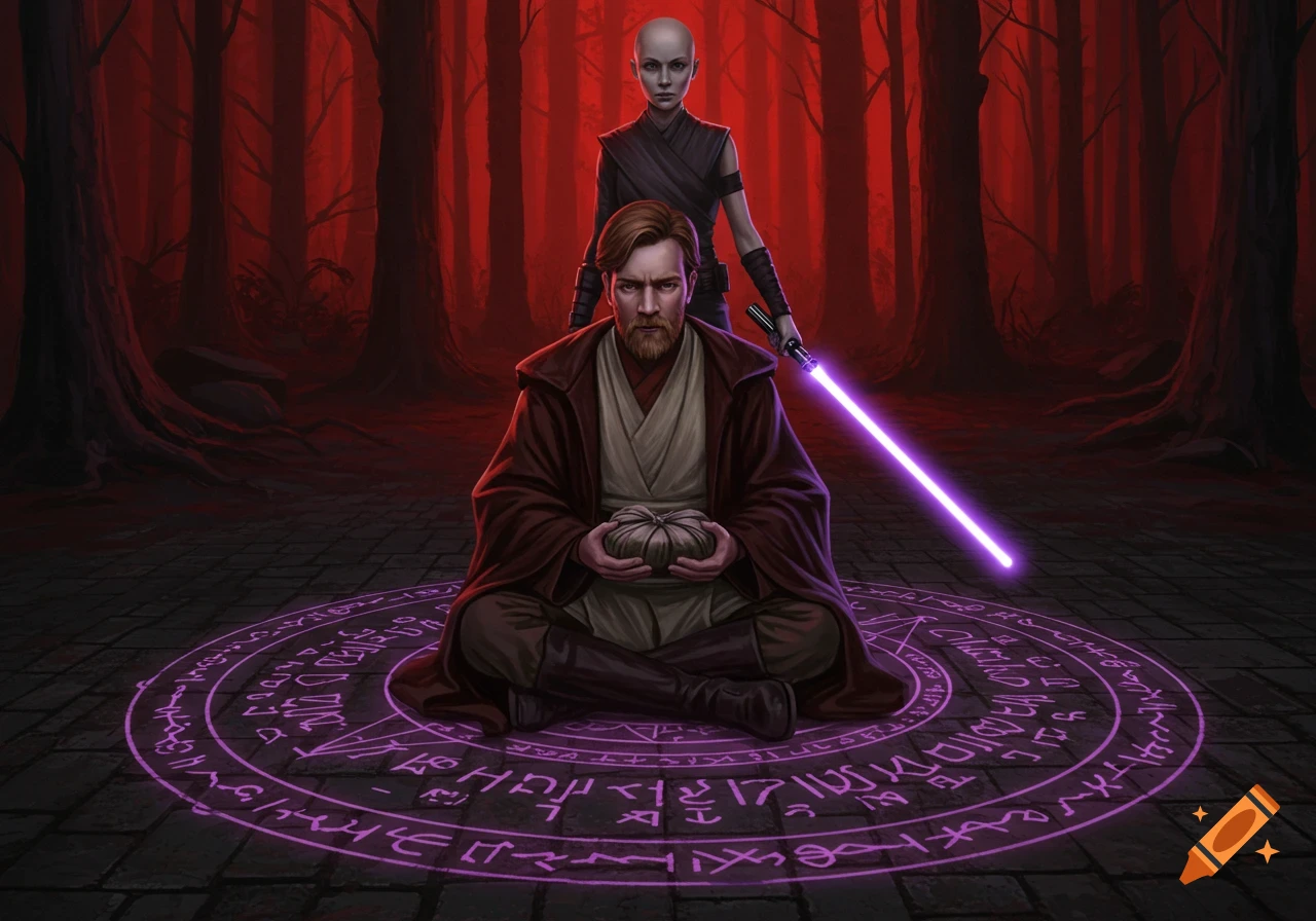 Obi-Wan Kenobi meditates in a red forest surrounded by a glowing purple mystic circle with a bald woman holding a lightsaber behind him. Stylized fantasy art.