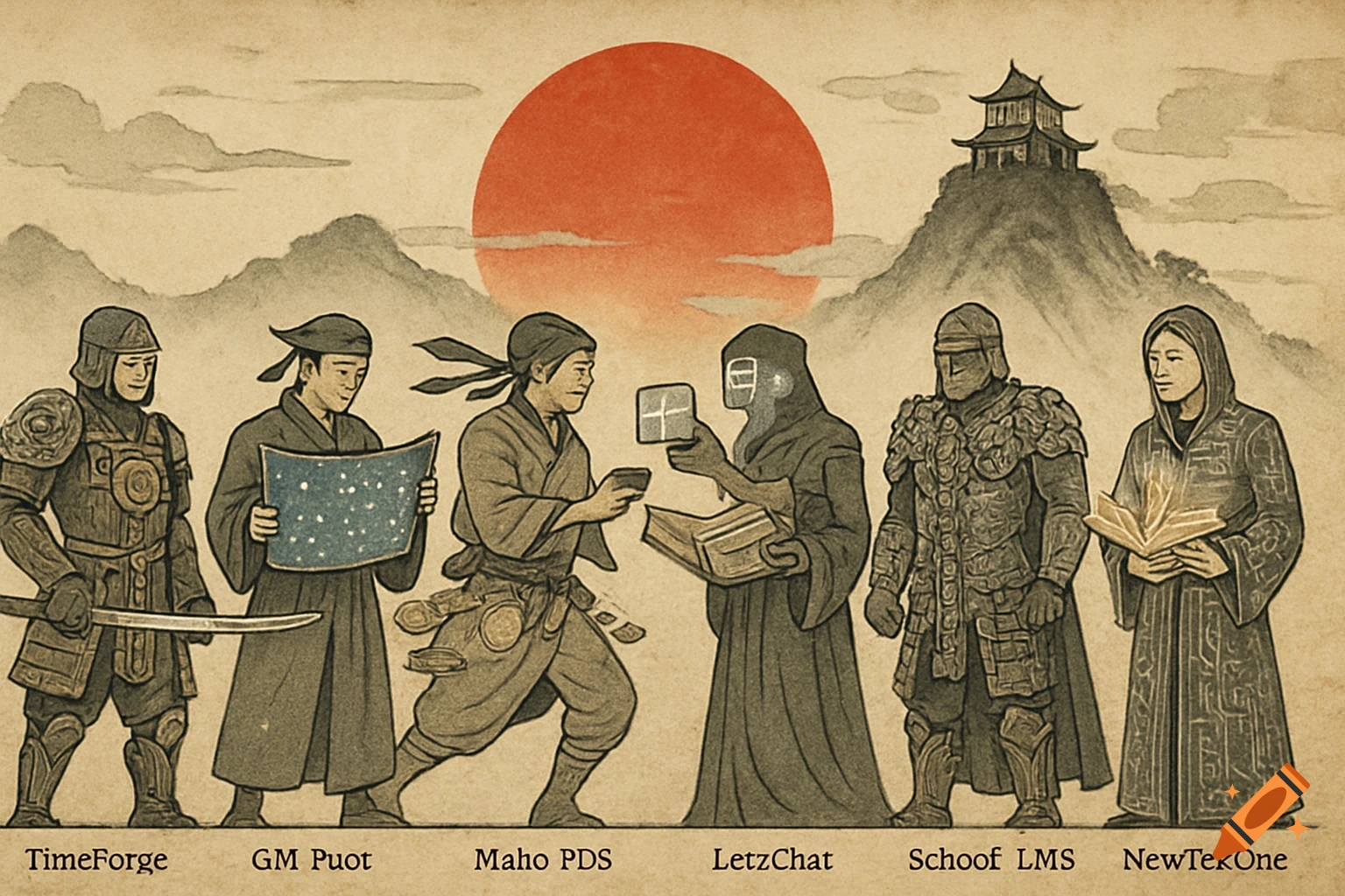 A Japanese scroll-style illustration of six warrior figures in traditional attire, against a red sun, mountains, and a temple.