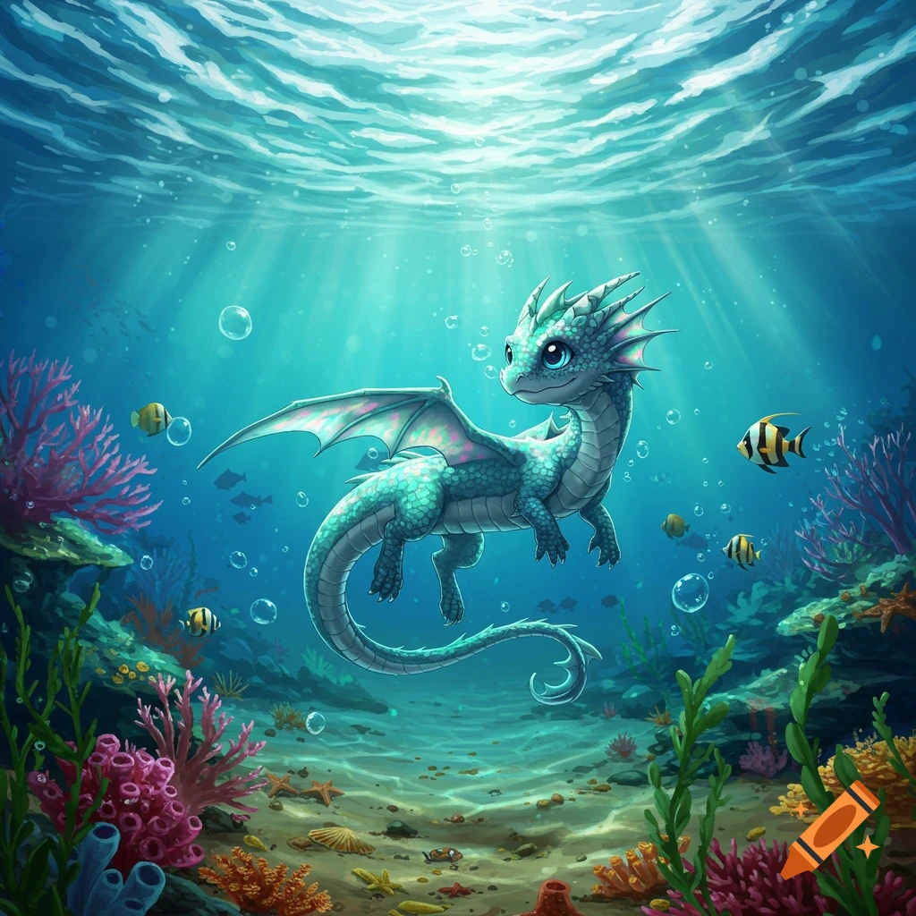 A cute, small teal dragon with large eyes and wings swims underwater amidst colorful coral, bubbles, and fish, with sunlight streaming from above.