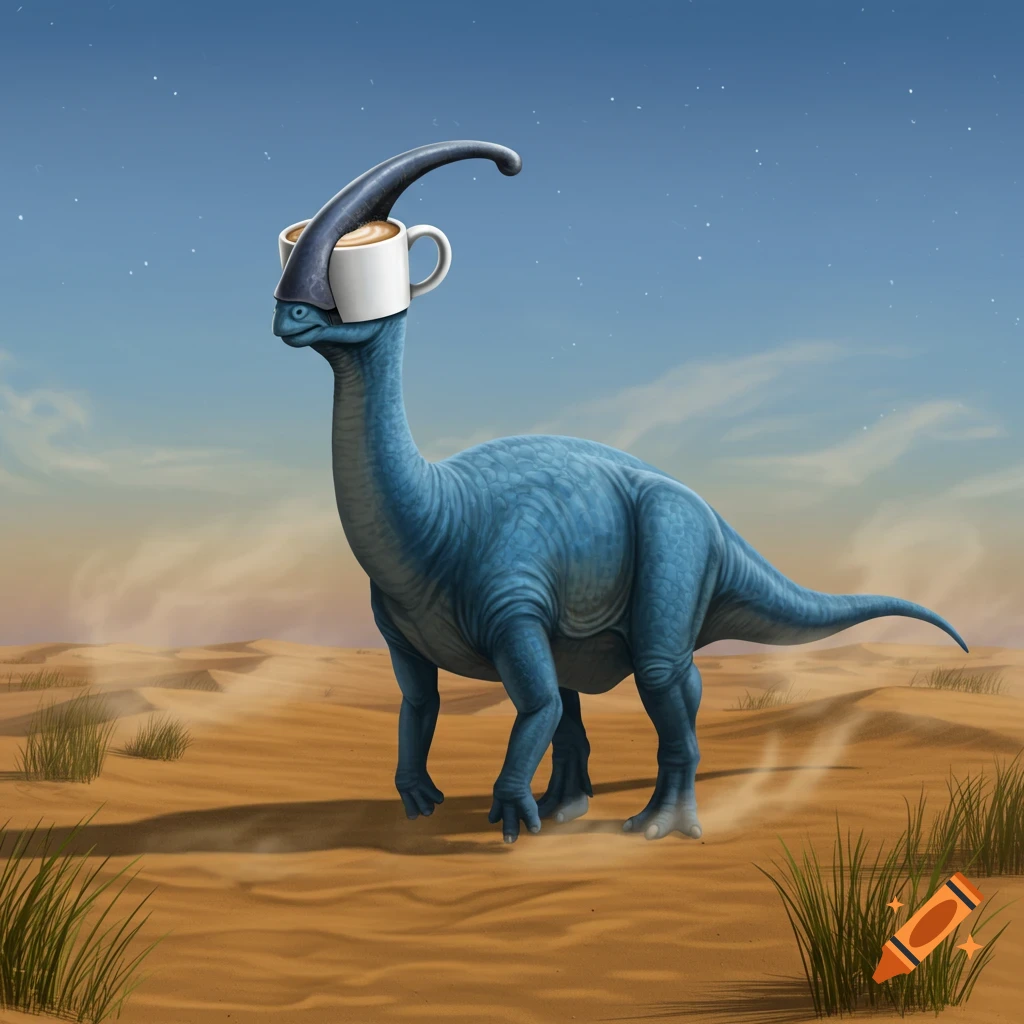 A blue parasaurolophus with a cappuccino mug on its head, standing in a barren desert under a clear sky.