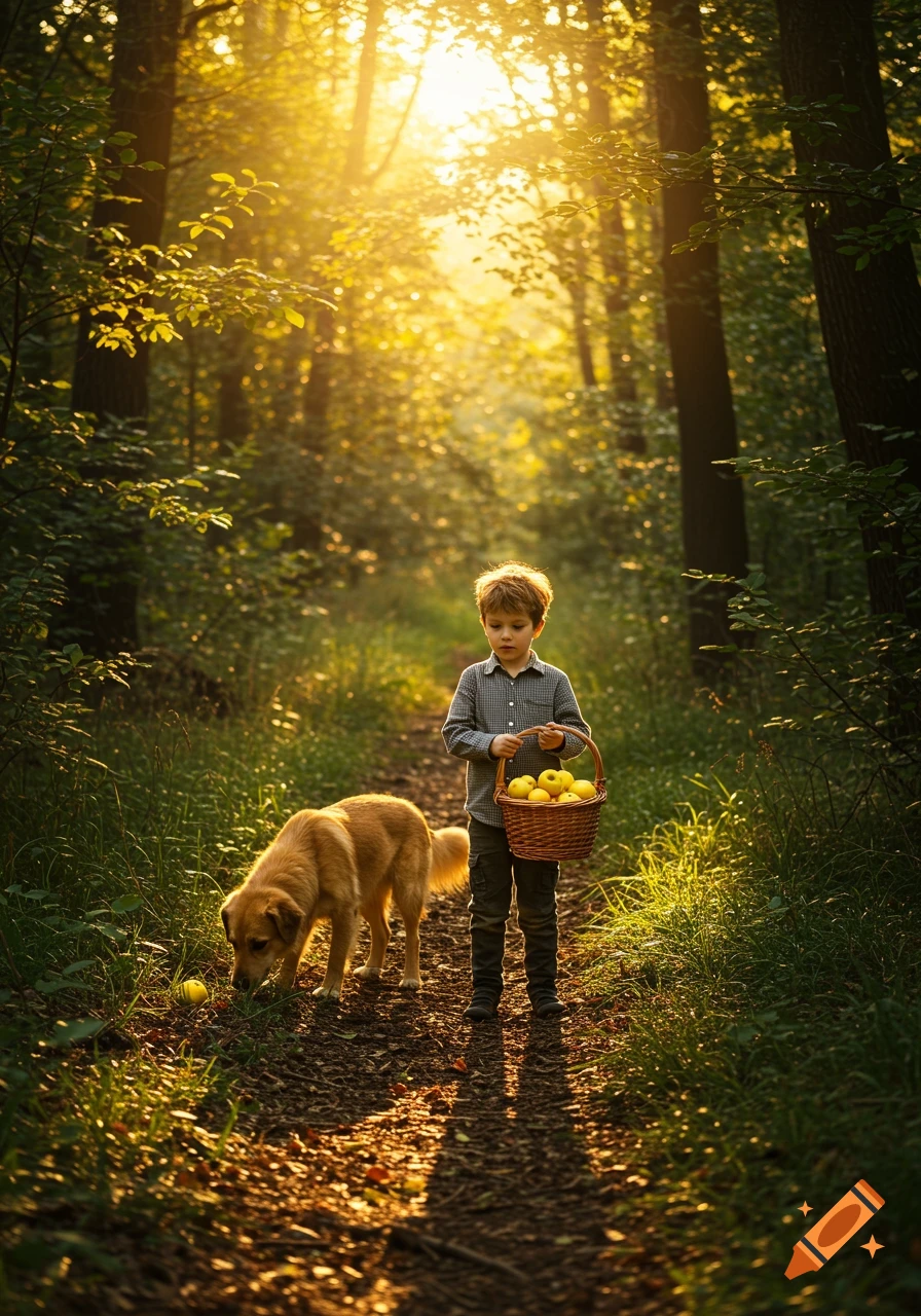 A young boy holds a basket of golden apples while walking a dog on a sun-dappled forest path at sunset.