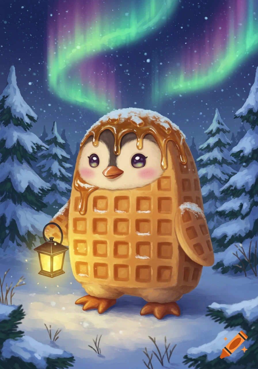 A cute, cartoon penguin with a waffle body covered in syrup and snow holds a lantern in a snowy forest under the aurora borealis.