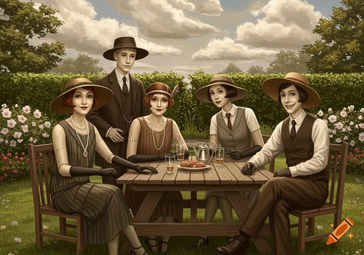 An illustration of five friends in 1920s attire having a tea party at a wooden table outdoors in a garden, under a cloudy sky.