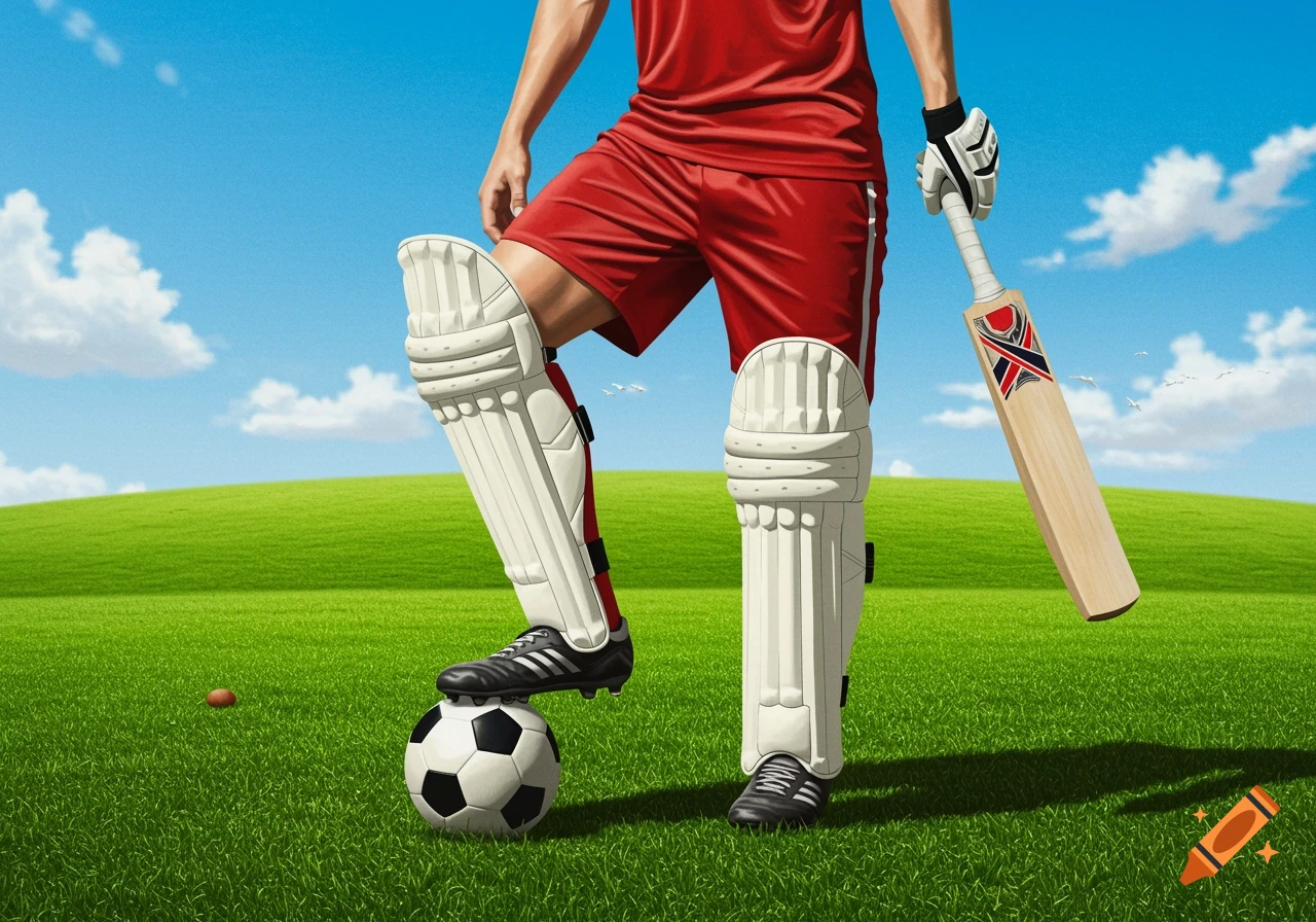 A person in a red uniform with cricket pads and a bat stands on a green field with a soccer ball.