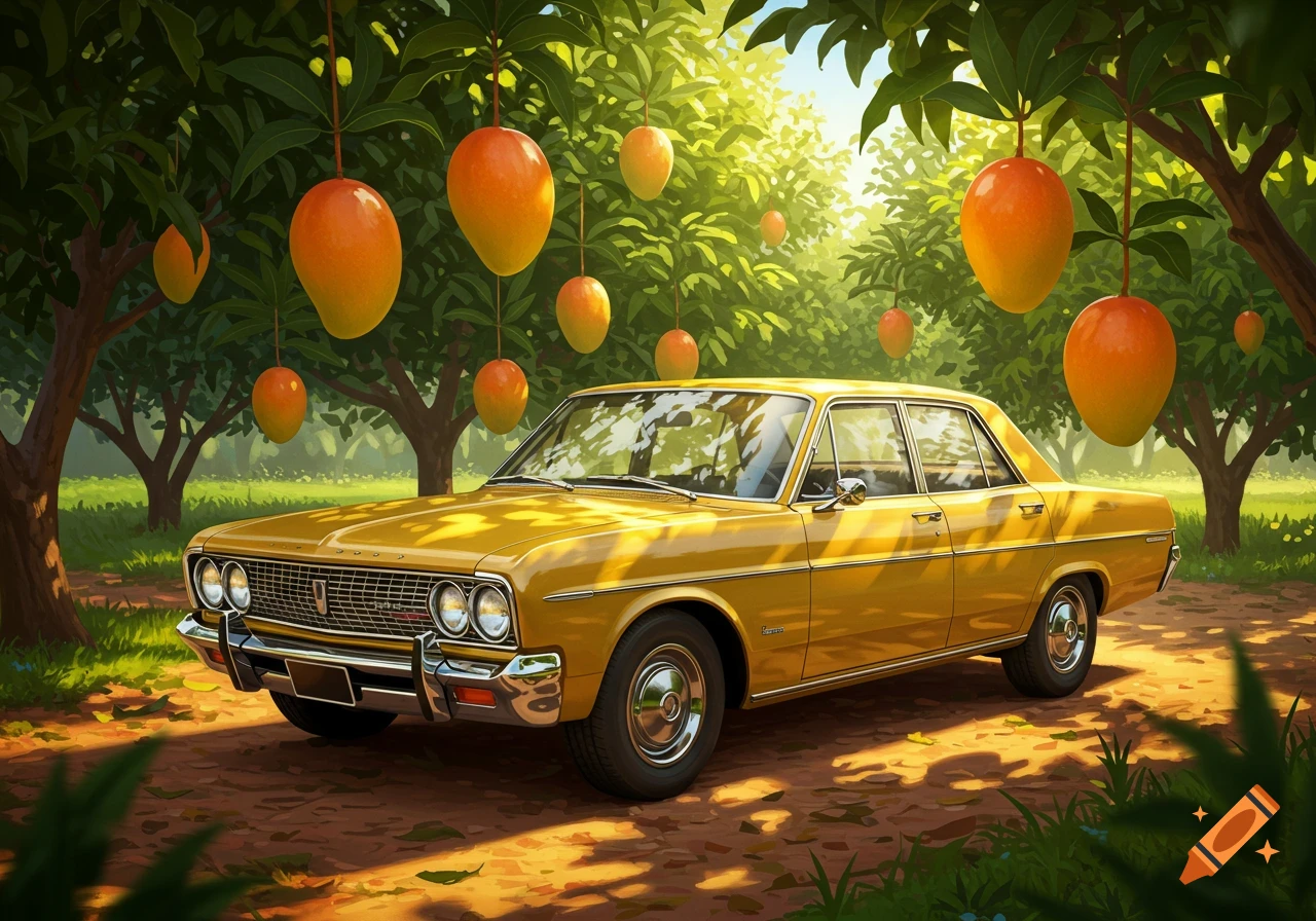 A vibrant yellow vintage car parked on a dirt path under trees laden with large, orange mangoes, in an illustrated style.