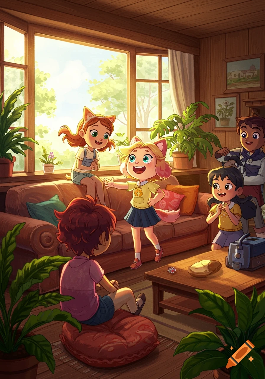 A group of cartoon children with cat ears play in a sunlit living room with many plants.