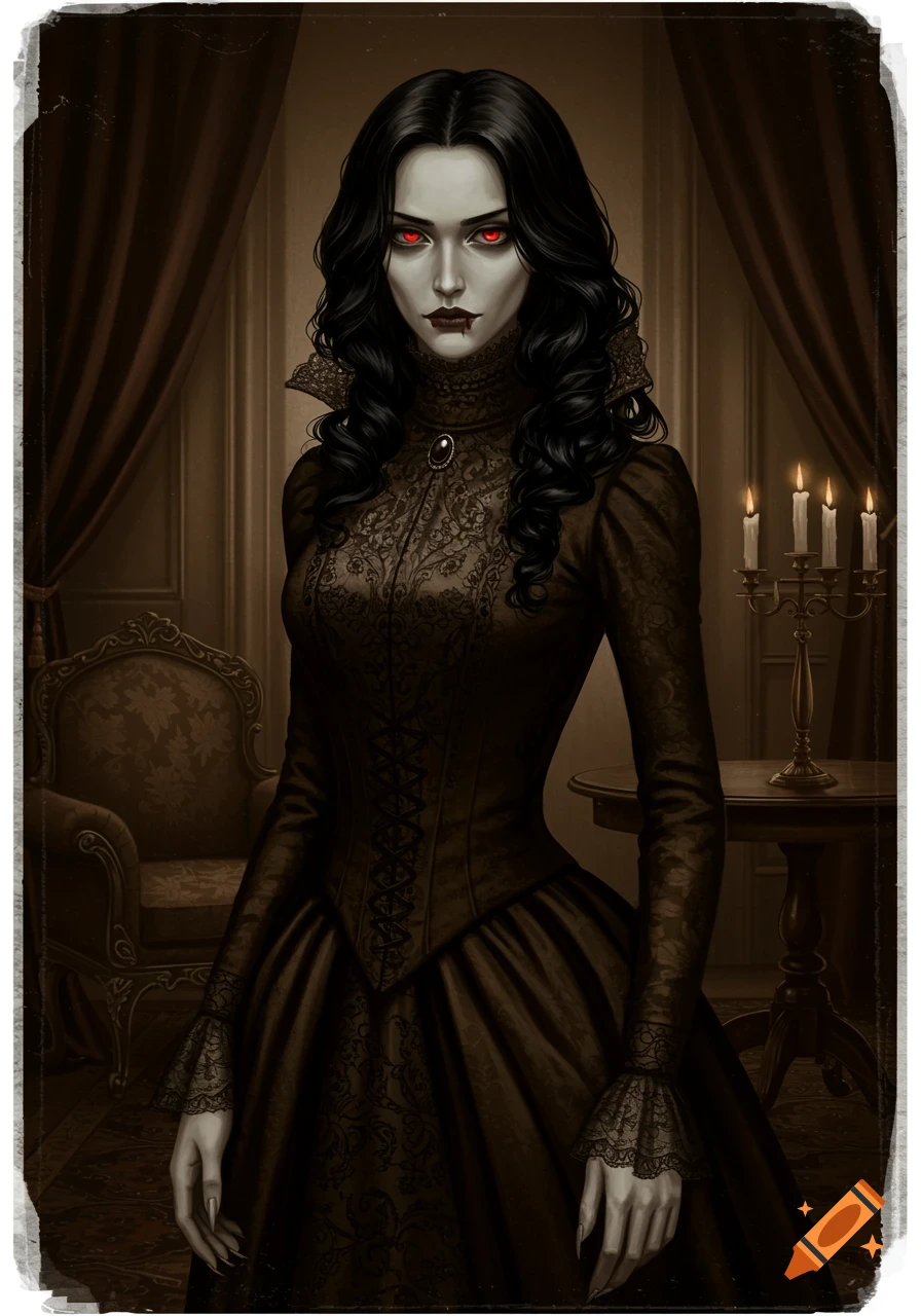 A pale vampire woman with red eyes and black hair stands in a dark Victorian room, wearing a black lace dress.