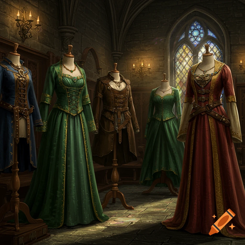 Mannequins display old fantasy clothes in blue, green, brown, and red in a gothic room with a stained glass window.