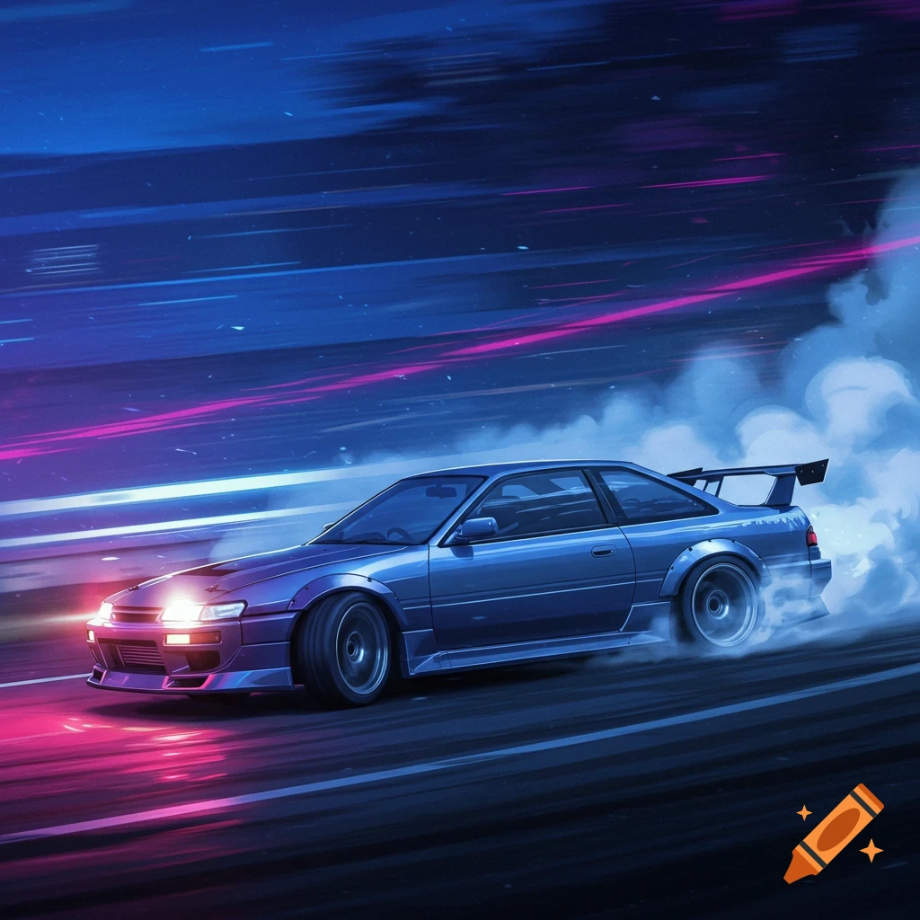 A stylized blue and purple Japanese car drifts on a road at night, surrounded by smoke and neon light trails.