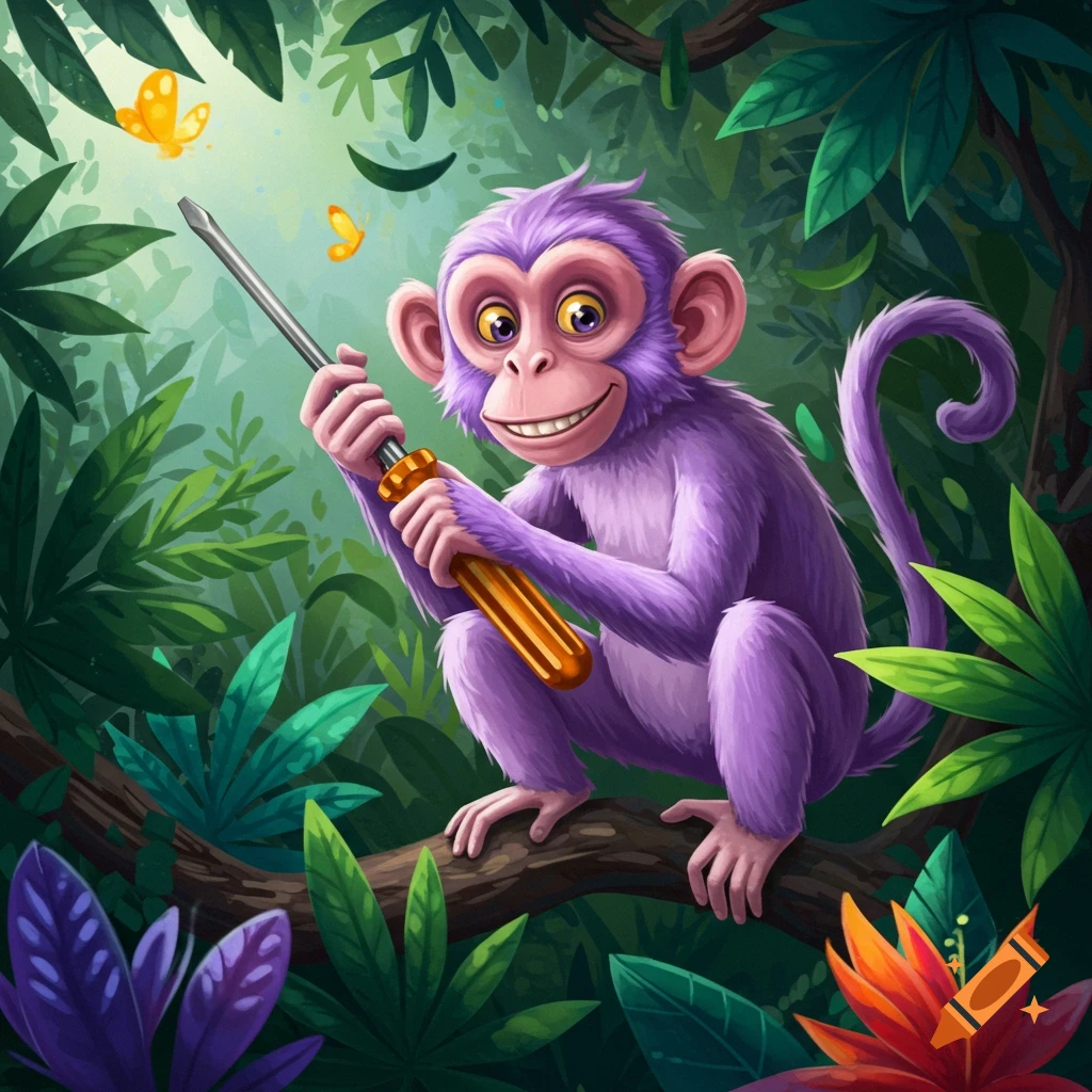 A smiling purple monkey with big eyes holds a screwdriver while perched on a tree branch in a lush green jungle, with butterflies.
