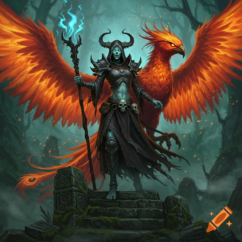 A female undead warlock with a glowing staff stands on stone steps next to a large, vibrant orange phoenix in a dark, mystical forest.