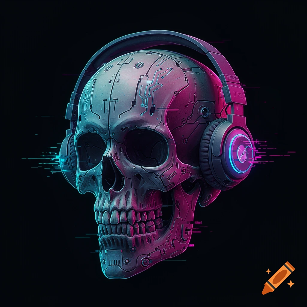 A stylized cyberpunk skull wearing over-ear headphones, illuminated with vibrant neon pink and blue light, with glitch effects on a dark background.
