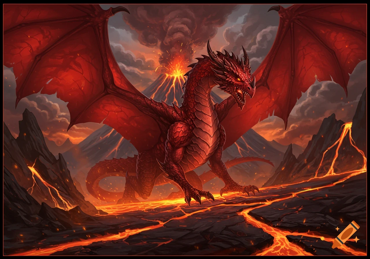 A majestic red dragon with large, bat-like wings stands in a fiery volcanic landscape with erupting mountains and flowing lava.