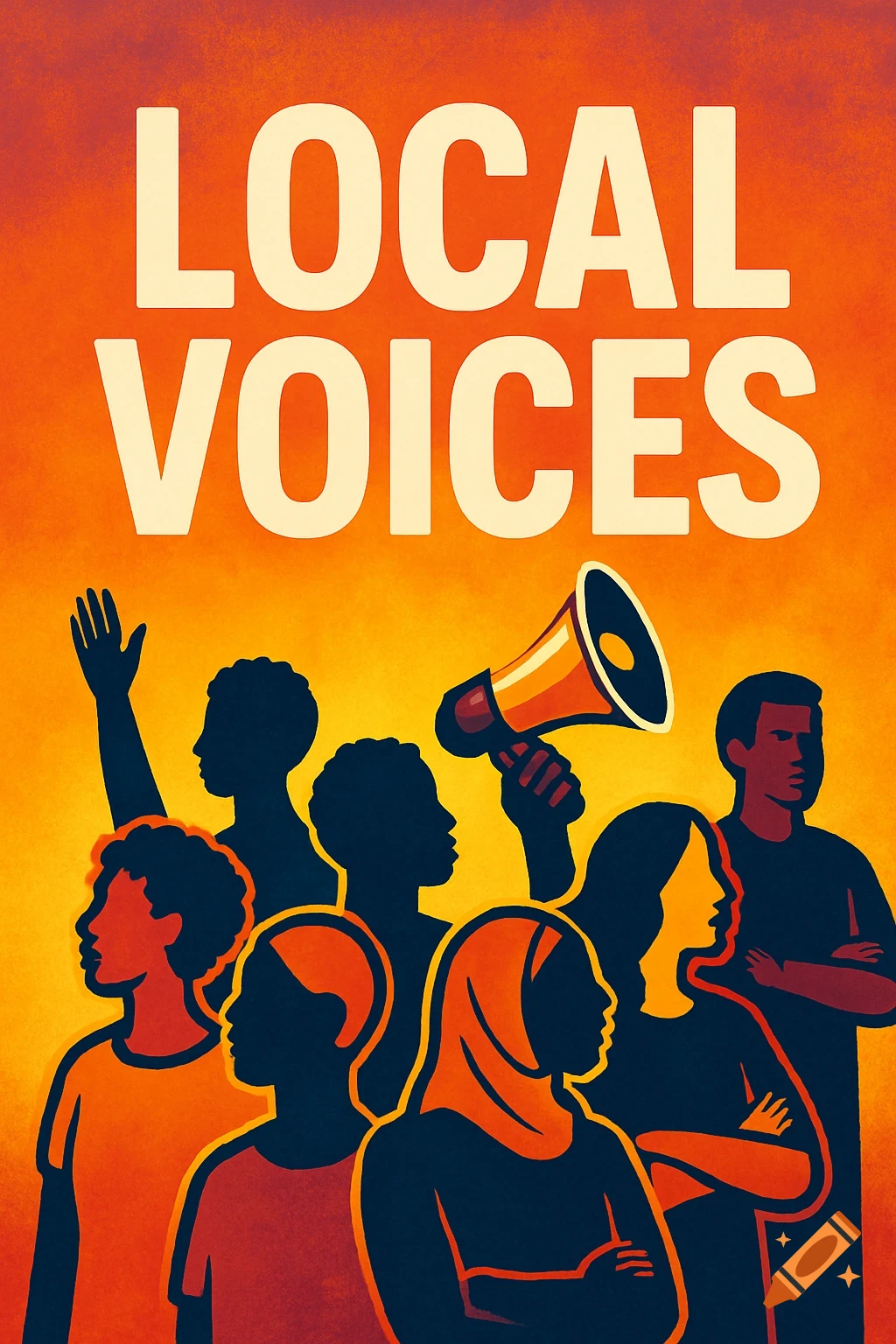 Poster with 'LOCAL VOICES' above silhouettes of a diverse group of people, one holding a megaphone, in a bold, orange and dark blue graphic style.