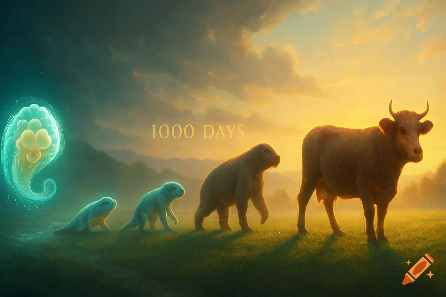 Digital painting of evolution stages from a glowing cell to a cow in a sunny field, with '1000 DAYS' in the sky.
