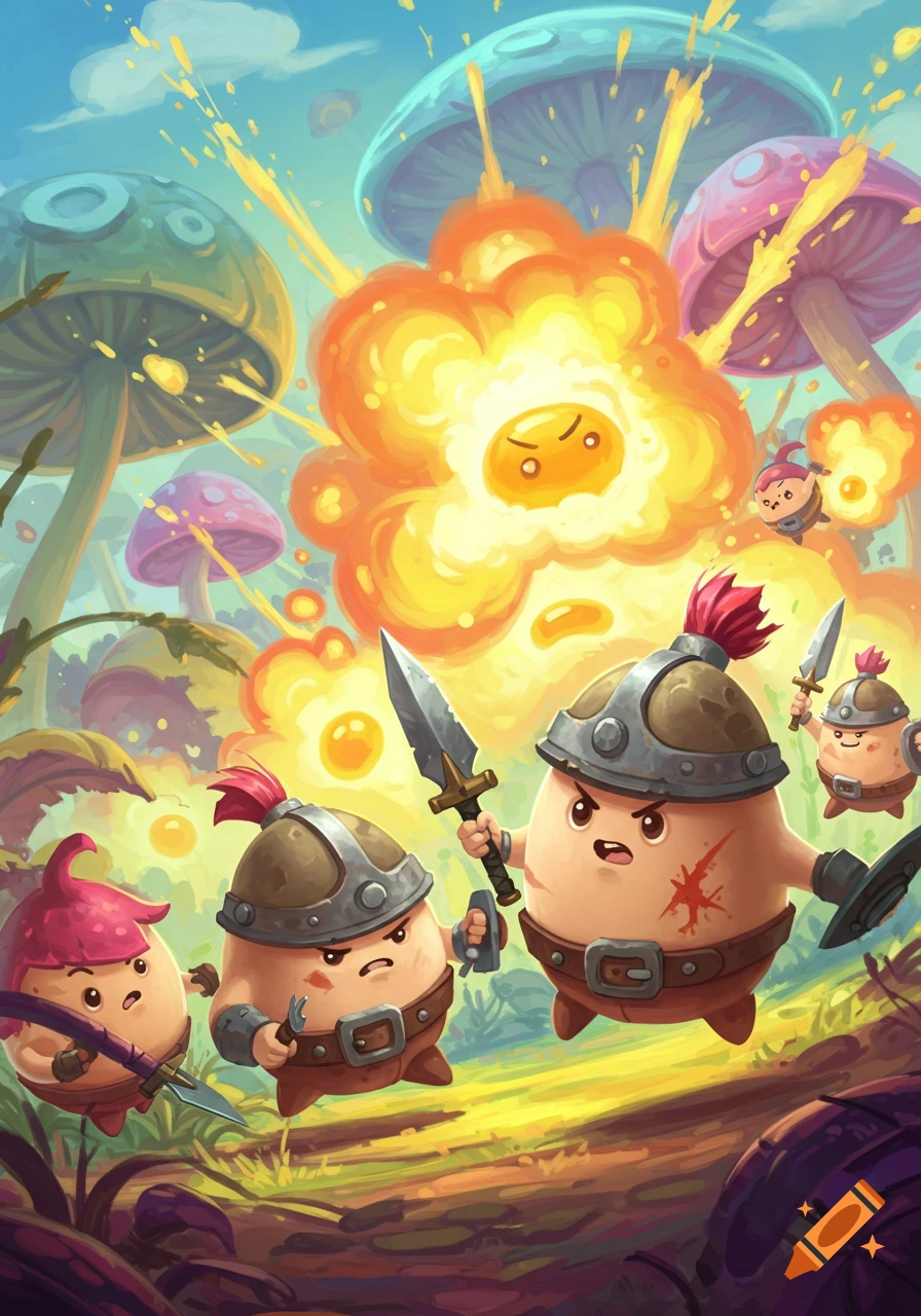 Cartoon egg-shaped knights battling with spears and daggers amidst colorful mushrooms and explosions in a vibrant fantasy illustration.