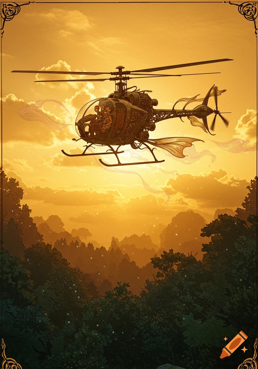 An ornate, fantastical helicopter flies over a dense forest at sunset, illustrated in a detailed, golden-hued style.