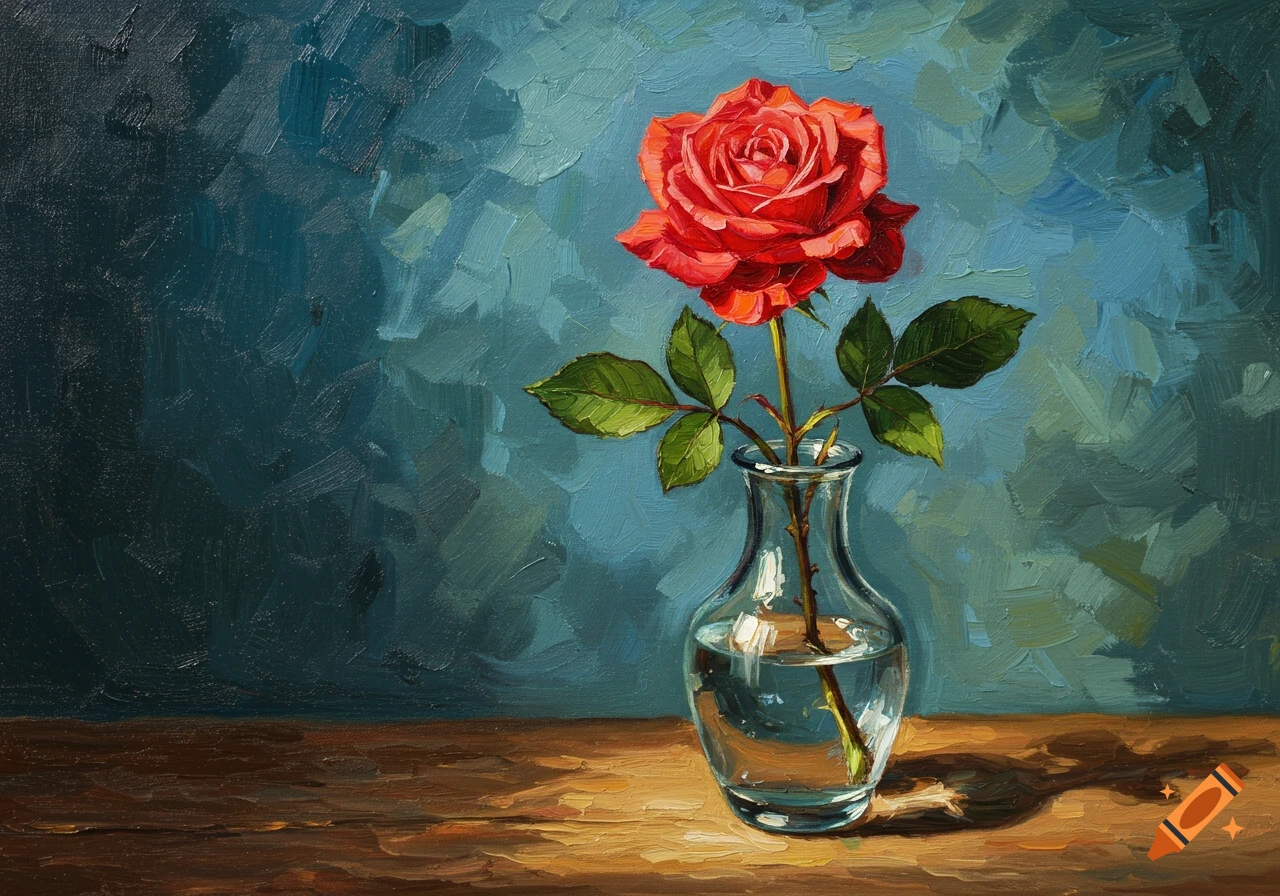 An oil painting of a vibrant red rose in a clear glass vase on a wooden table, against a textured blue background.