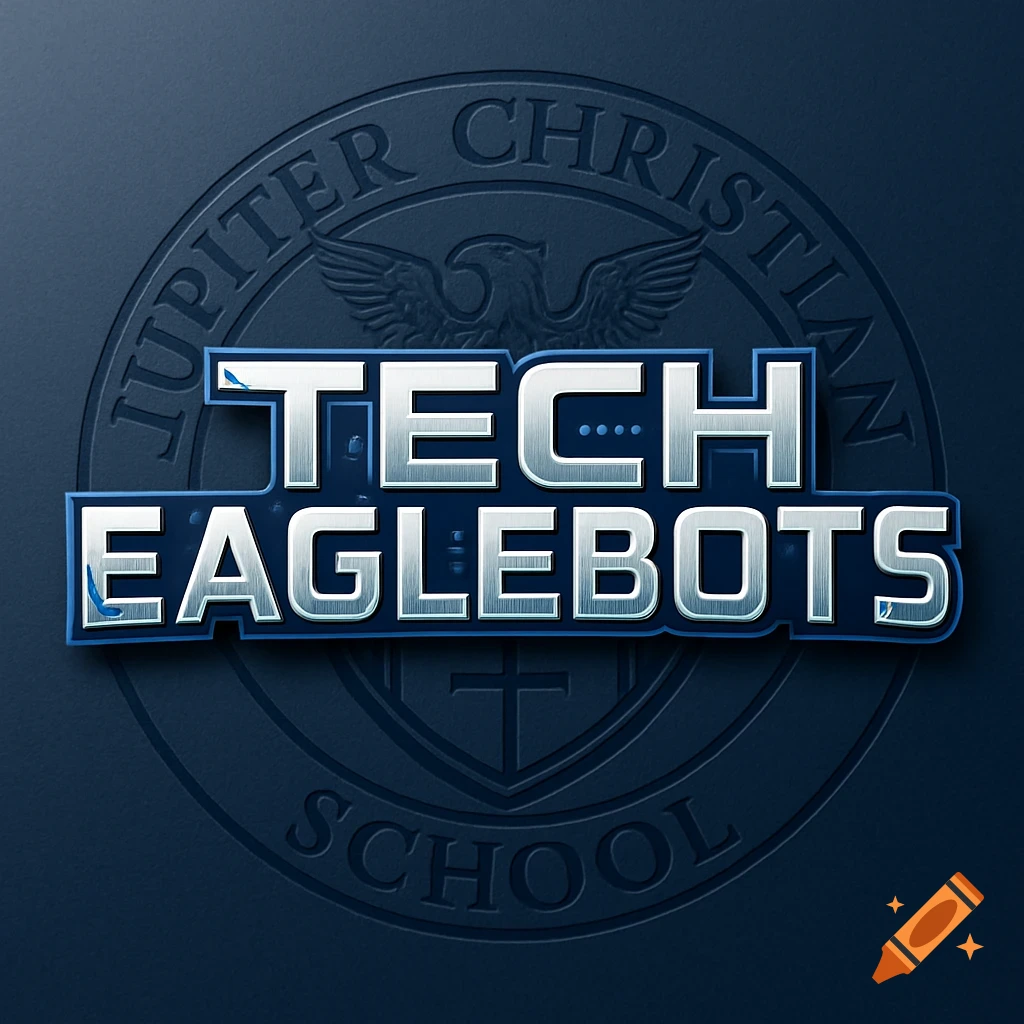 Blue and silver logo featuring "TECH EAGLEBOTS" over an embossed "JUPITER CHRISTIAN SCHOOL" seal.